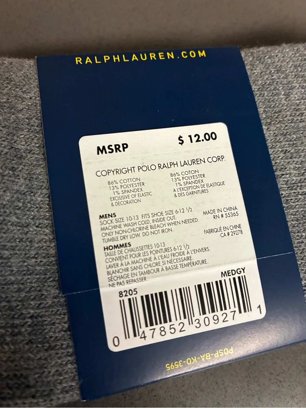 Polo by Ralph Lauren Men’s Classic Crew cotton Socks - Grey  size 10-13 new